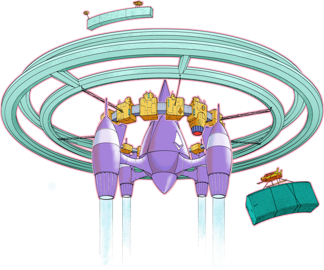 Spaceship with four reactors surrounded by rings